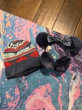 Disney Navy Plush Earmuffs with Navy Red Patterned Beanie